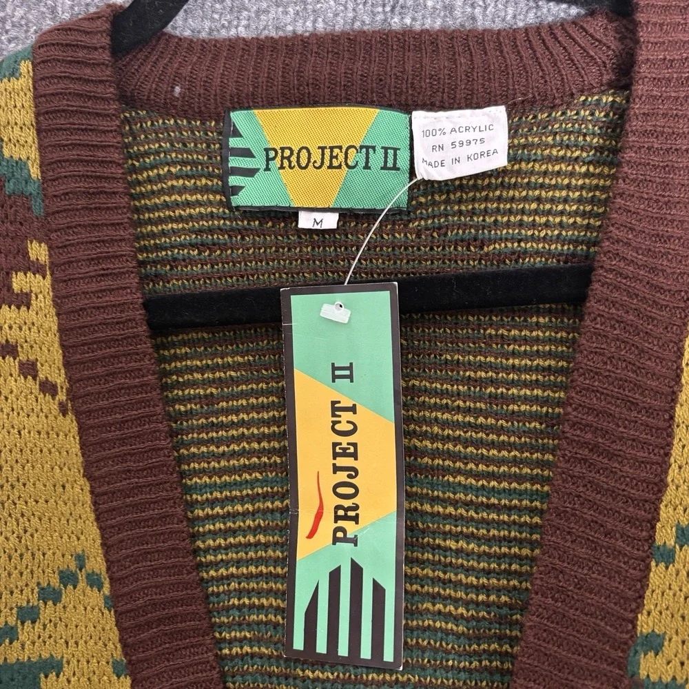 Vintage Project‎ II Sweater Mens Medium Brown Cardigan Aztec Geometric Knit 90s